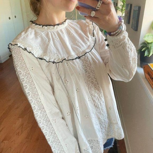 Sezane Ruffled Lace High Neck Eyelet Blouse White - Picture 2 of 7